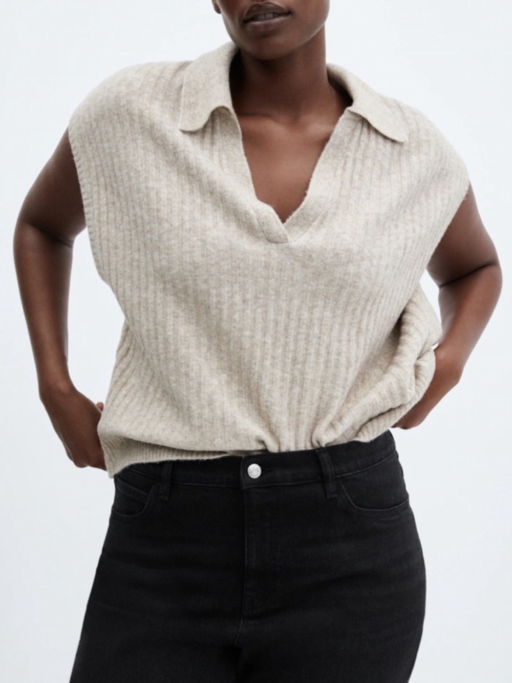 MANGO Oversized Ribbed Sleeveless Polo Vest - Size XS